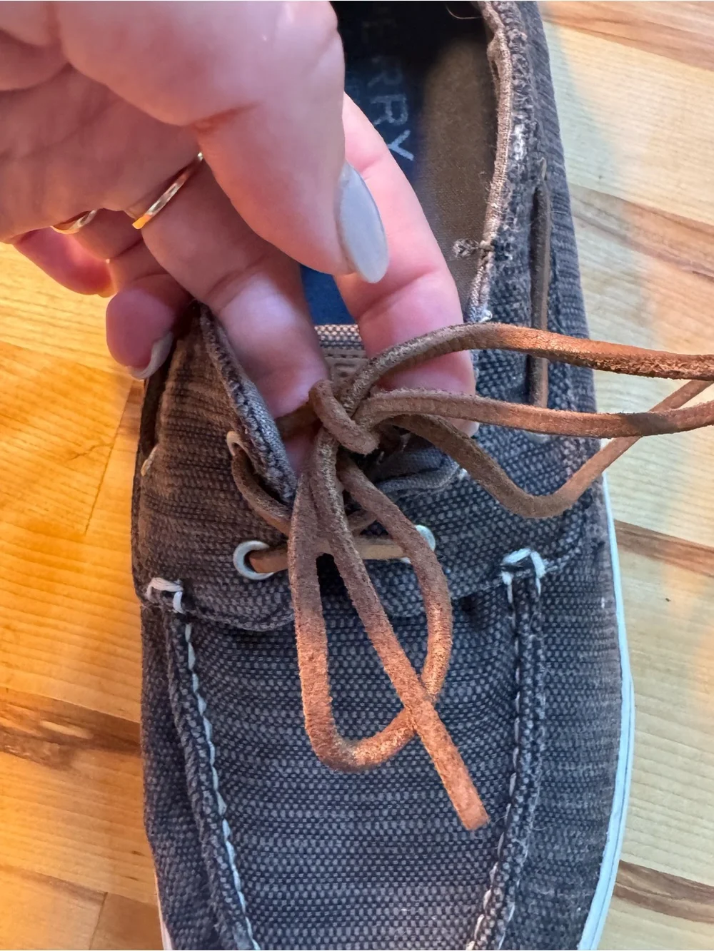 Sperry Gray Canvas Boat Shoes with Brown Laces